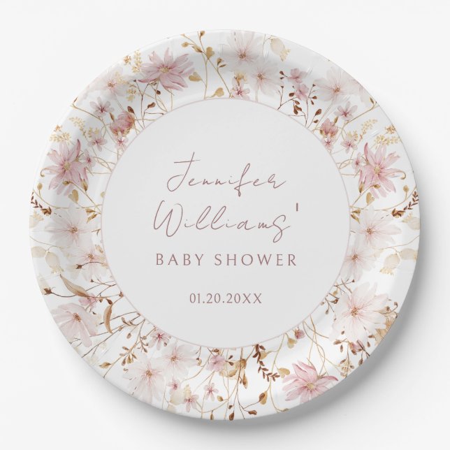 Pink rustic little wildflower baby girl shower paper plates (Front)