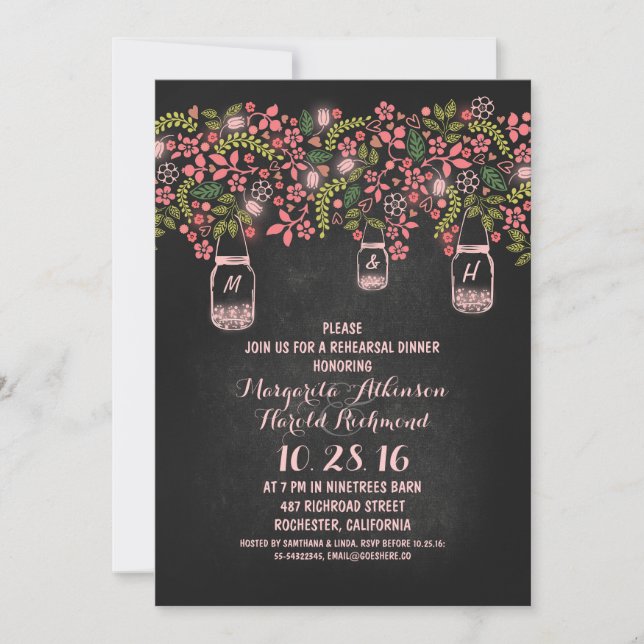 pink rustic mason jars chalkboard rehearsal dinner invitation (Front)