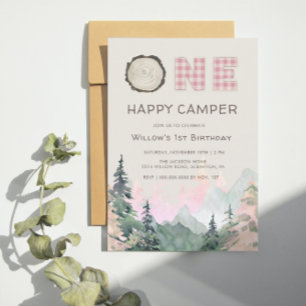 Pink Rustic One Happy Camper Birthday Invitation