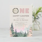 Pink Rustic One Happy Camper Birthday Invitation (Standing Front)