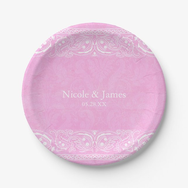 Pink Rustic Paisley Country Western Wedding Paper Plates (Front)