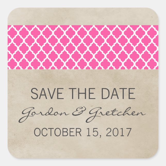 Pink Rustic Quatrefoil Save the Date Stickers (Front)