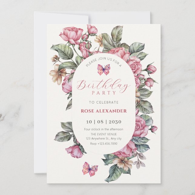 Pink rustic roses floral birthday invitation (Front)
