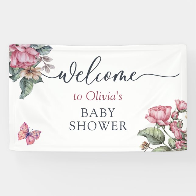 Pink rustic roses floral Welcome  Banner (Horizontal)