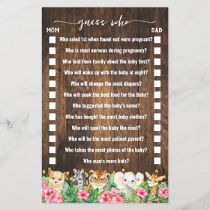 Pink Rustic Safari Guess Who Baby Shower Game Card Flyer