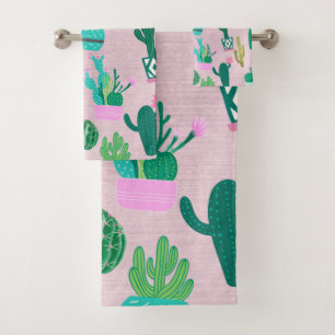 Pink Rustic Southwestern Cacti Cactus Plants Bath Towel Set
