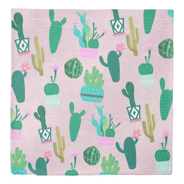 Pink Rustic Southwestern Cacti Cactus Plants Duvet Cover (Front)