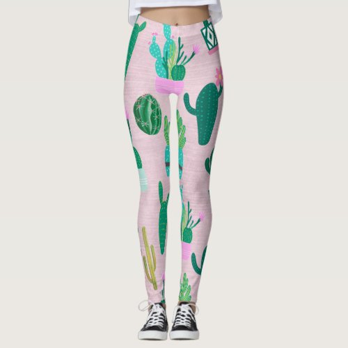 Pink Rustic Southwestern Cacti Cactus Plants Leggings