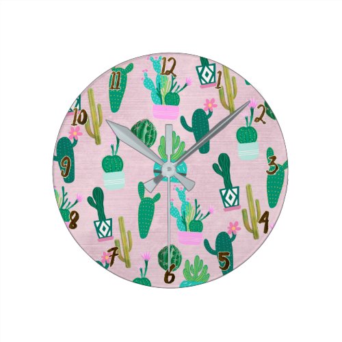 Pink Rustic Southwestern Cacti Cactus Plants Round Clock