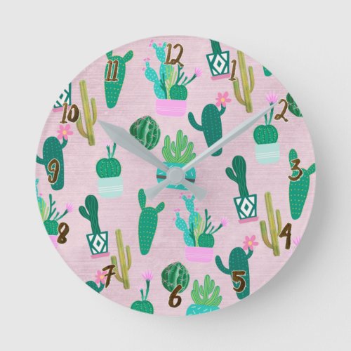 Pink Rustic Southwestern Cacti Cactus Plants Round Clock