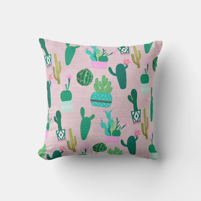 Pink Rustic Southwestern Cacti Cactus Plants Throw Pillow (Front)
