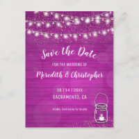 Pink Rustic String Lights Save the wedding Date Announcement Postcard