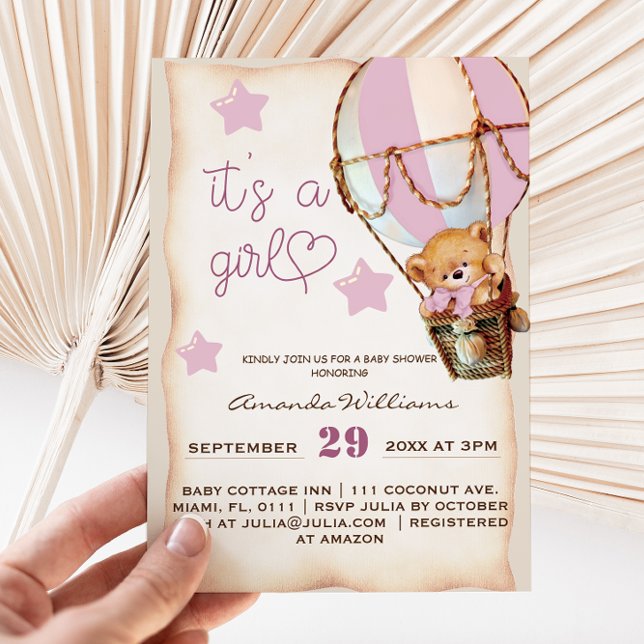 Pink Rustic Teddy Bear Girl Baby Shower Invitation (Creator Uploaded)