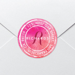 Pink Rustic Watercolor Monogram Round Address Classic Round Sticker