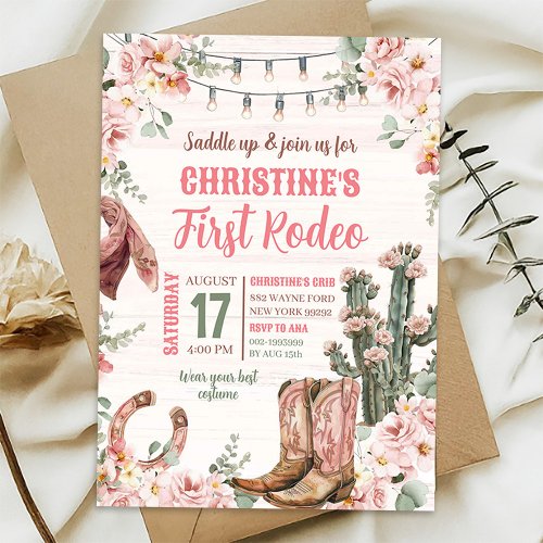 Pink Rustic Western Cactus Cowgirls First Rodeo Invitation