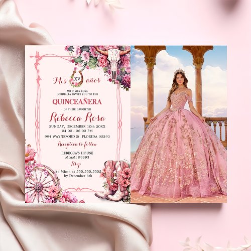 Pink Rustic Western Charra Theme Quinceanera Photo Invitation