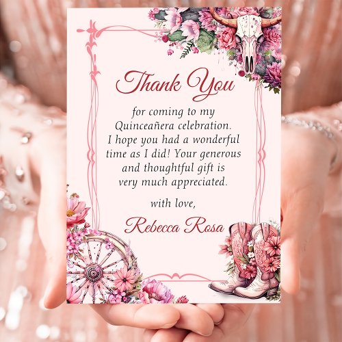 Pink Rustic Western Quinceanera Thank You Card