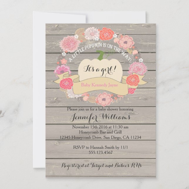 Pink Rustic White Pumpkin Baby Shower Invitation (Front)