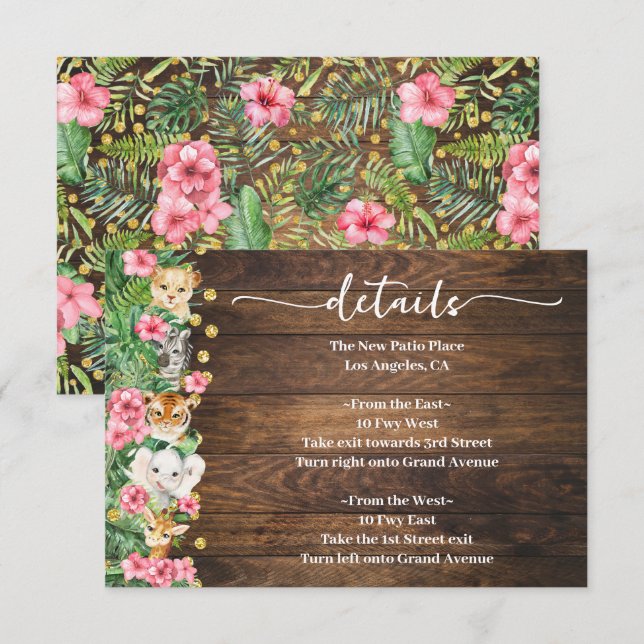 Pink Rustic Wild Safari Animals Baby Shower Detail Enclosure Card (Front/Back)