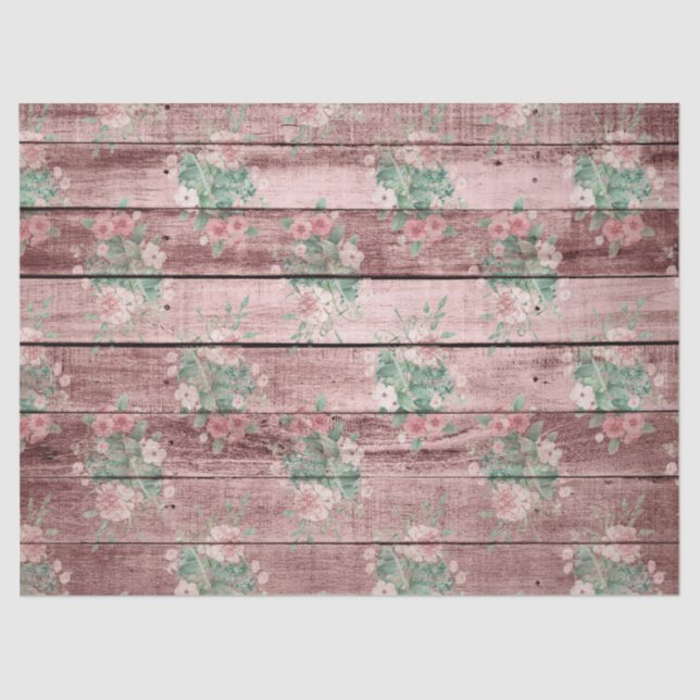 Pink Rustic Wood and Flowers Decoupage Tissue Paper (Front)