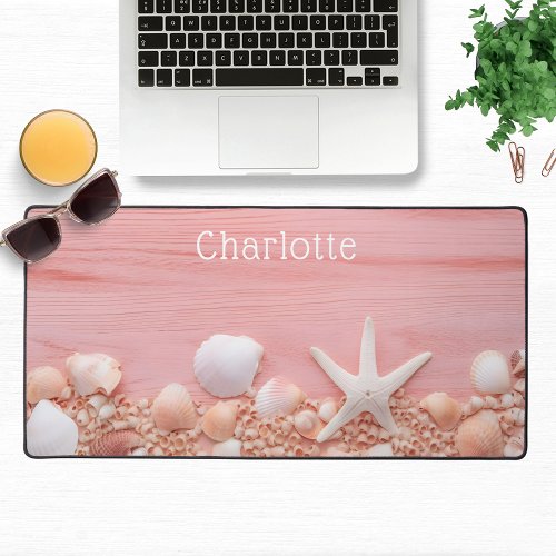 Pink Rustic Wood Beach Seashells Personalized Name Desk Mat