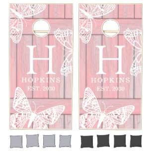 Pink Rustic Wood Butterfly Monogram Cornhole Set