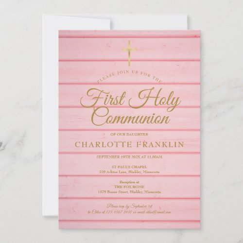 Pink Rustic Wood First Holy Communion Invitation