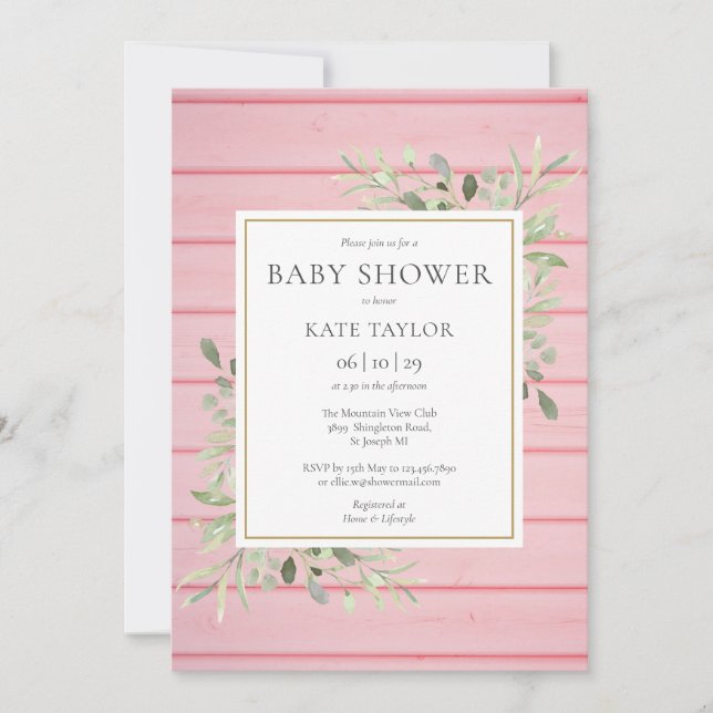 Pink Rustic Wood Greenery Baby Shower Invitation (Front)