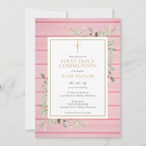 Pink Rustic Wood Greenery First Holy Communion Invitation