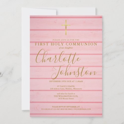 Pink Rustic Wood Script First Holy Communion Invitation