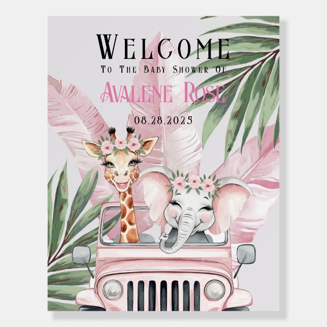 Pink Safari Adventure Girl Baby Shower Welcome  Foam Board (Front)