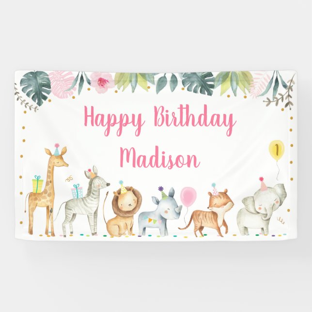Pink Safari Animal Girl Birthday Banner (Horizontal)
