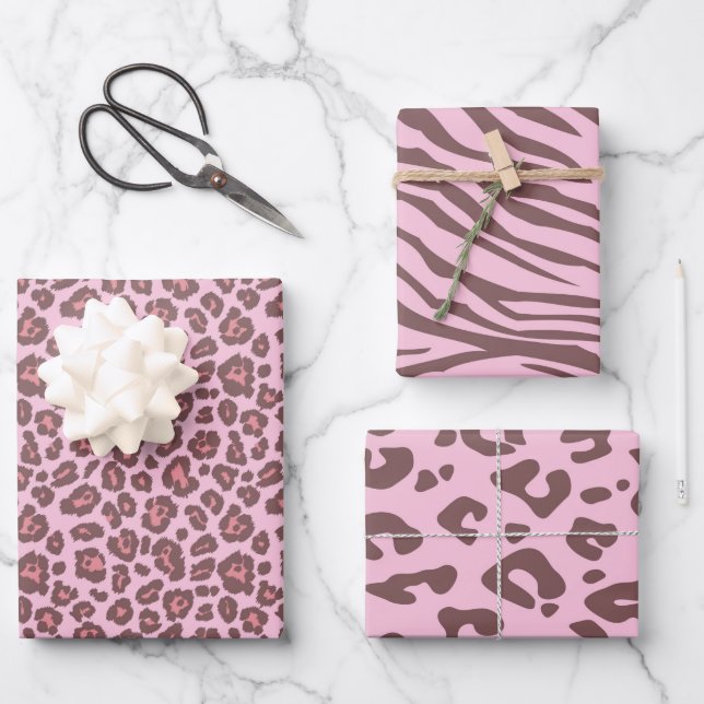 Pink Safari Animal Leopard Print Wrapping Paper Sheets (Front)