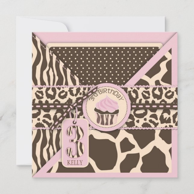 Pink Safari Animal Print & Cupcake Third Birthday Invitation (Front)