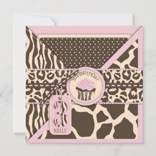Pink Safari Animal Print &amp; Cupcake Third Birthday Invitation