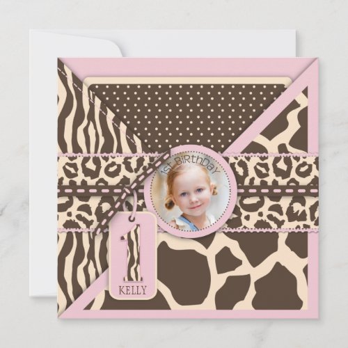 Pink Safari Animal Print First Birthday Personalized Invite
