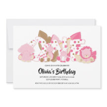 Pink Safari Animals 1st Birthday Party Invitation