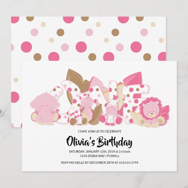 Pink Safari Animals 1st Birthday Party Invitation (Front/Back)