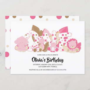 Pink Safari Animals 1st Birthday Party Invitation