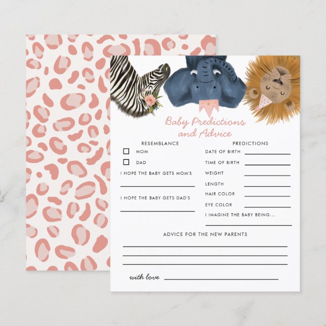 Pink Safari Animals Baby Predictions & Advice Card (Front/Back)