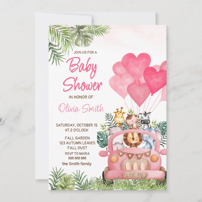 Pink Safari Animals Baby Shower Invitation (Front)