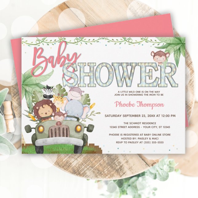 Pink Safari Animals Baby Shower  Invitation (Pink Safari Animals Baby Shower Invitation)