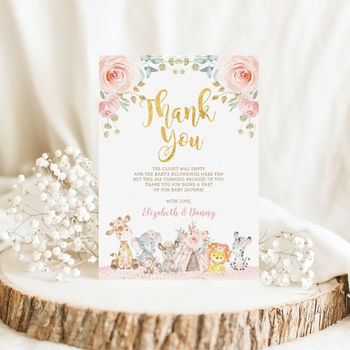 Pink Safari Animals Baby Shower Thank You Card