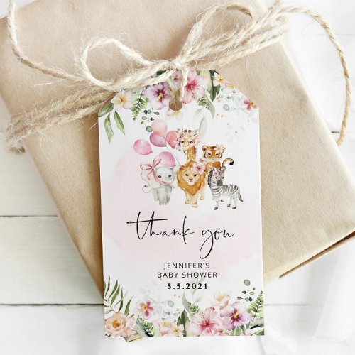 Pink safari animals baby shower thank you gift tags