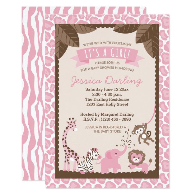 Pink Safari Animals Girl Baby Shower Invitations