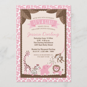 Pink Safari Animals Girl Baby Shower Invitations