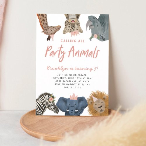 Pink Safari Animals Girl Birthday Invitation