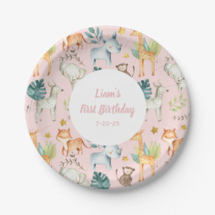 pink Safari animals Girl First birthday Paper Plates
