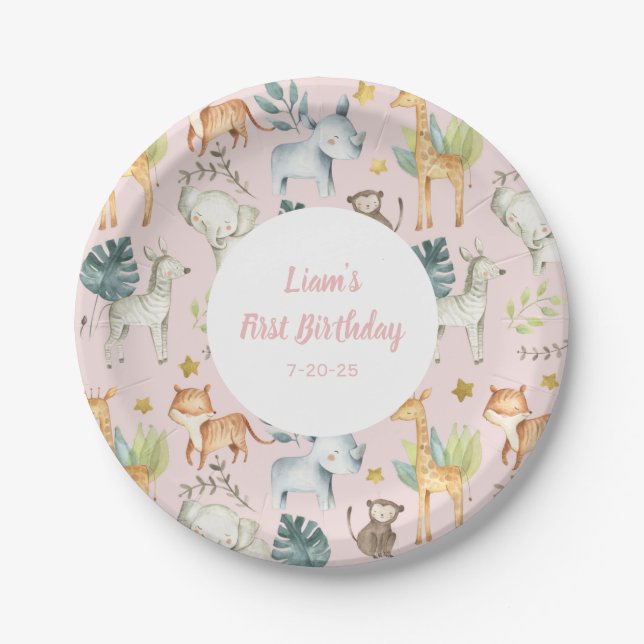 pink Safari animals Girl First birthday  Paper Plates (Front)