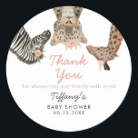 Pink Safari Animals Theme Baby Shower  Classic Rou Classic Round Sticker<br><div class="desc">Cute safari theme girl's baby shower favor sticker featuring hand drawn illustration of a giraffe,  leopard,  and zebra with pink flowers,  crown,  and party hat. The text at the top says "thank you for showering our family with love!"</div>